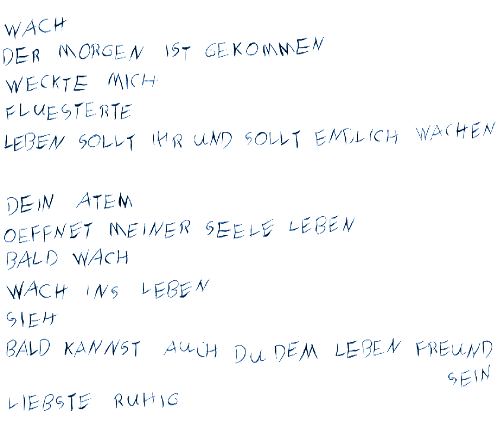 wach der Morgen ist gekommen weckte mich fluesterte Leben sollt ihr und sollt endlich wachen - Dein Atem öffnet meiner Seele leben bald wach wach ins Leben sieh bald kannst auch Du dem Leben Freund sein Liebste ruhig